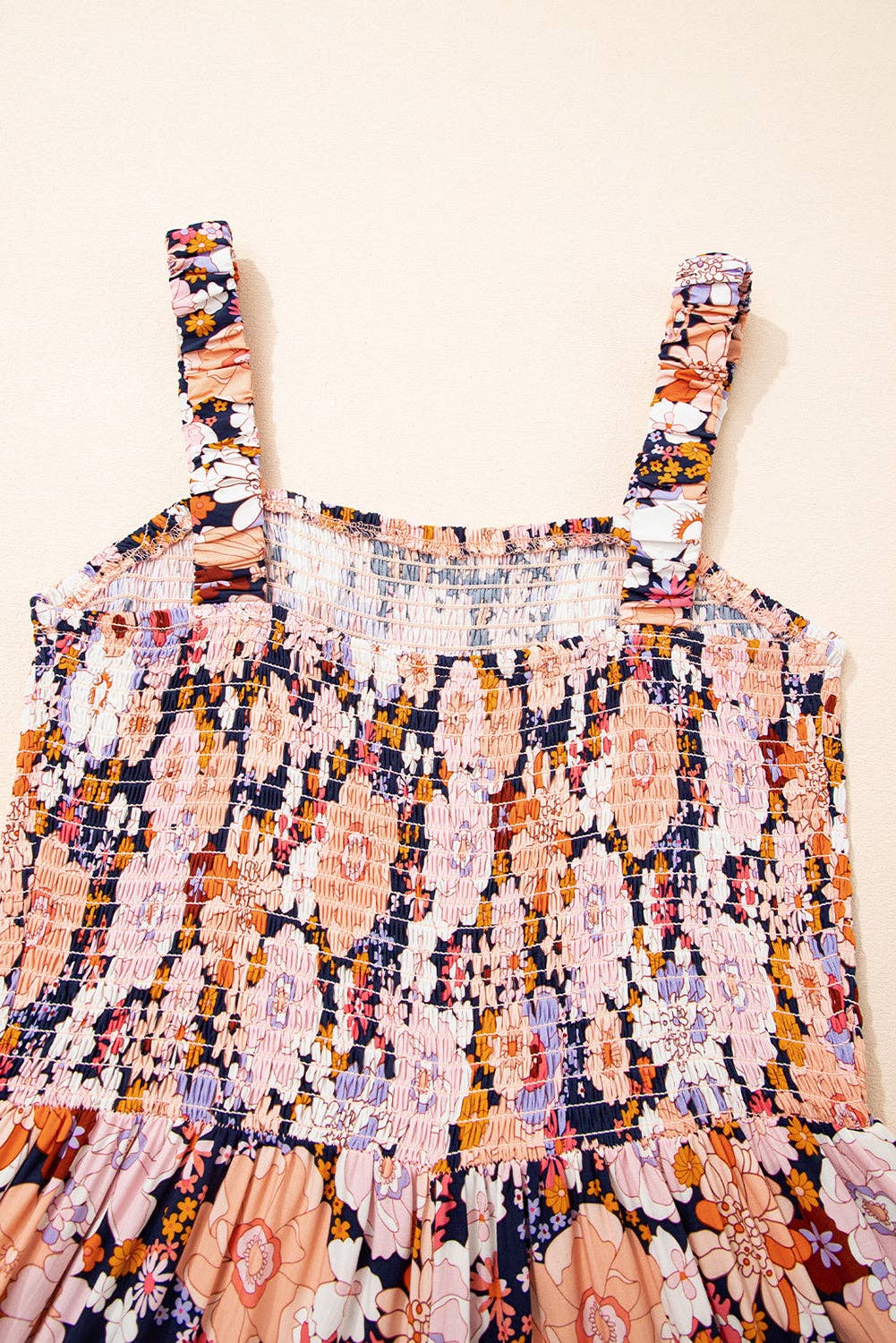 Floral Print Smocked High Waist Square Neck Jumpsuit