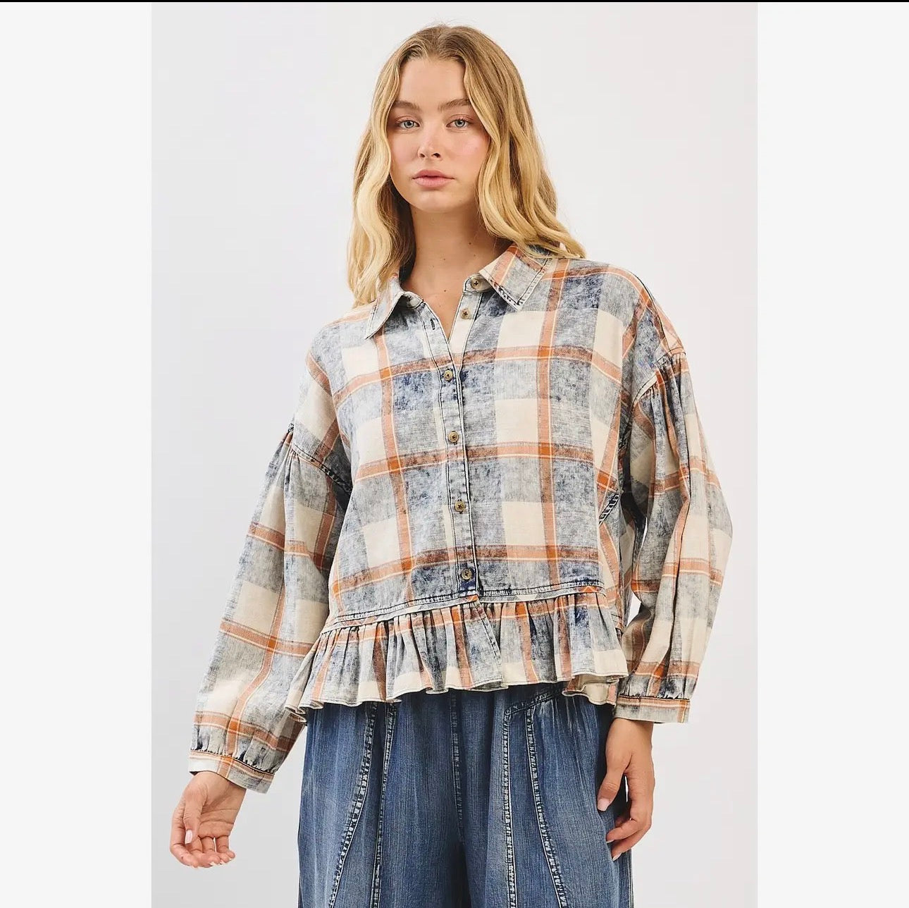 Washed Plaid Ruffle Hem Shirt