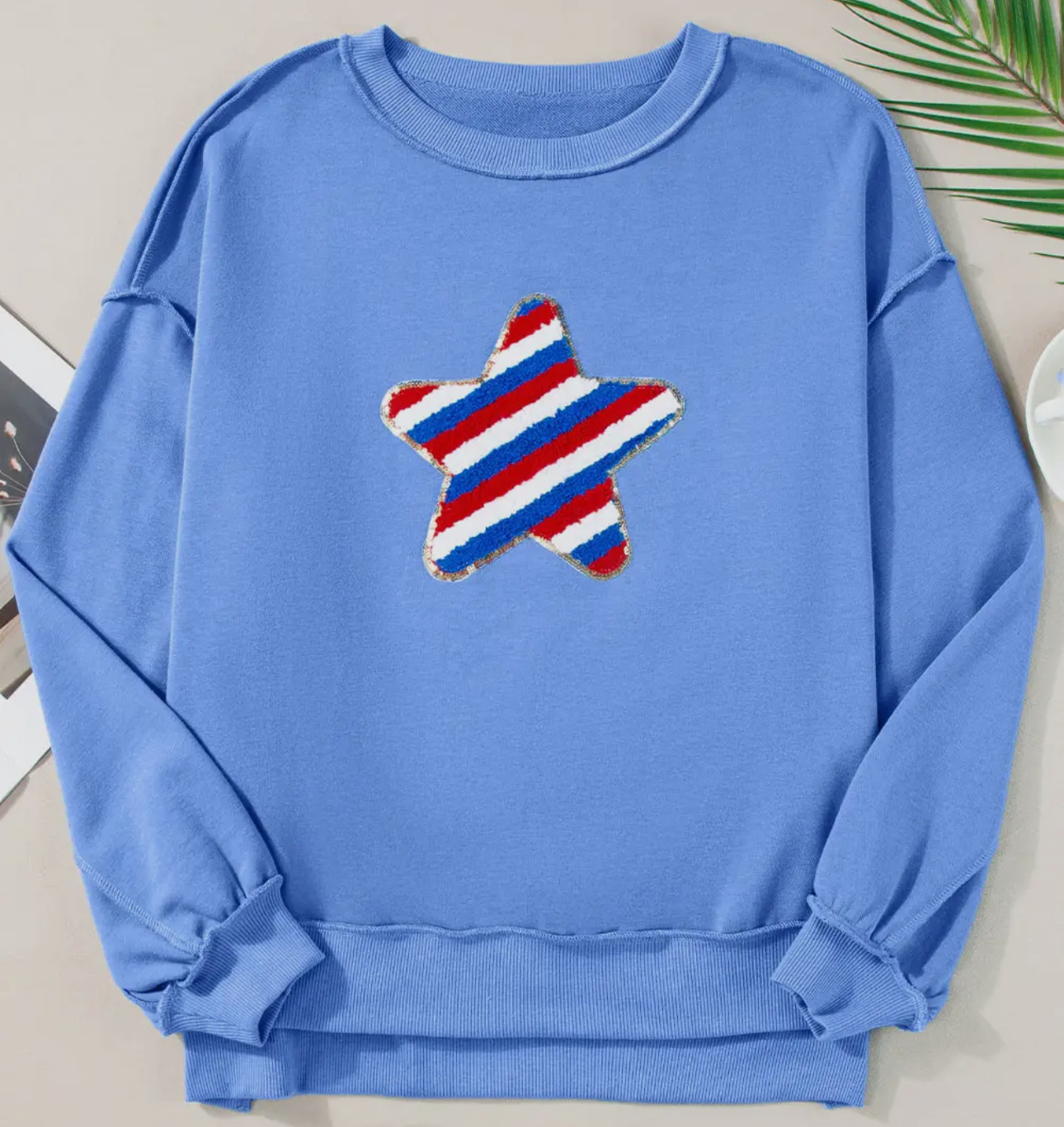 Sky Blue Sequin Trim Embroidered Star USA Pattern Sweatshirt