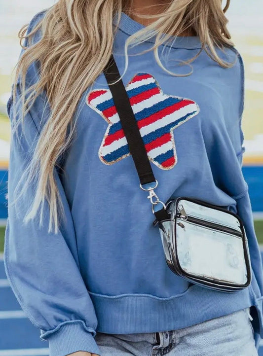 Sky Blue Sequin Trim Embroidered Star USA Pattern Sweatshirt
