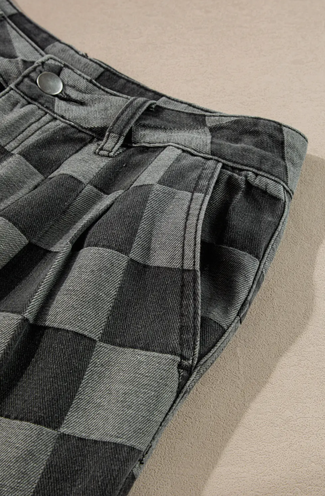 Solid Color Checkered Wide Leg Jeans