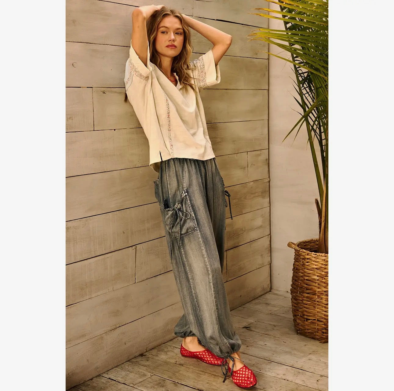 Washed Chambray Adjustable Ankle Drop Pants