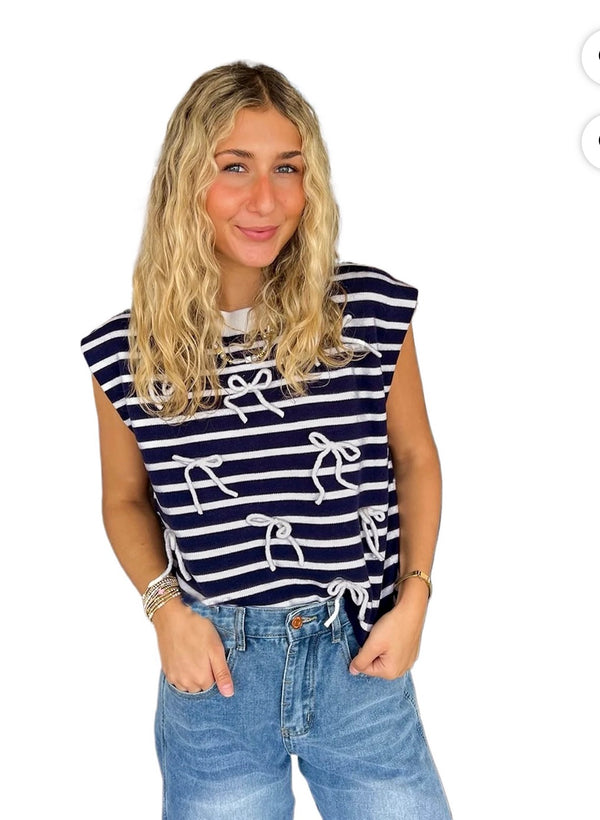 Blue Striped Bow Top