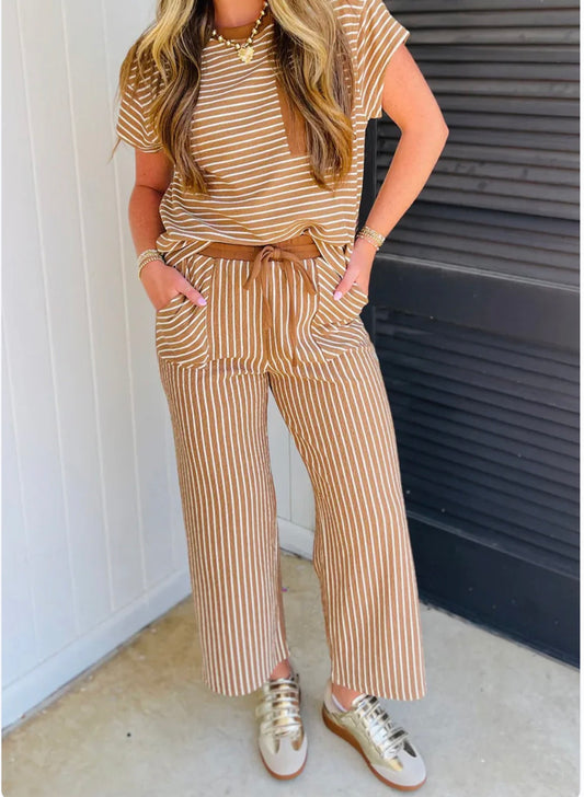Khaki Striped Drawstring Set