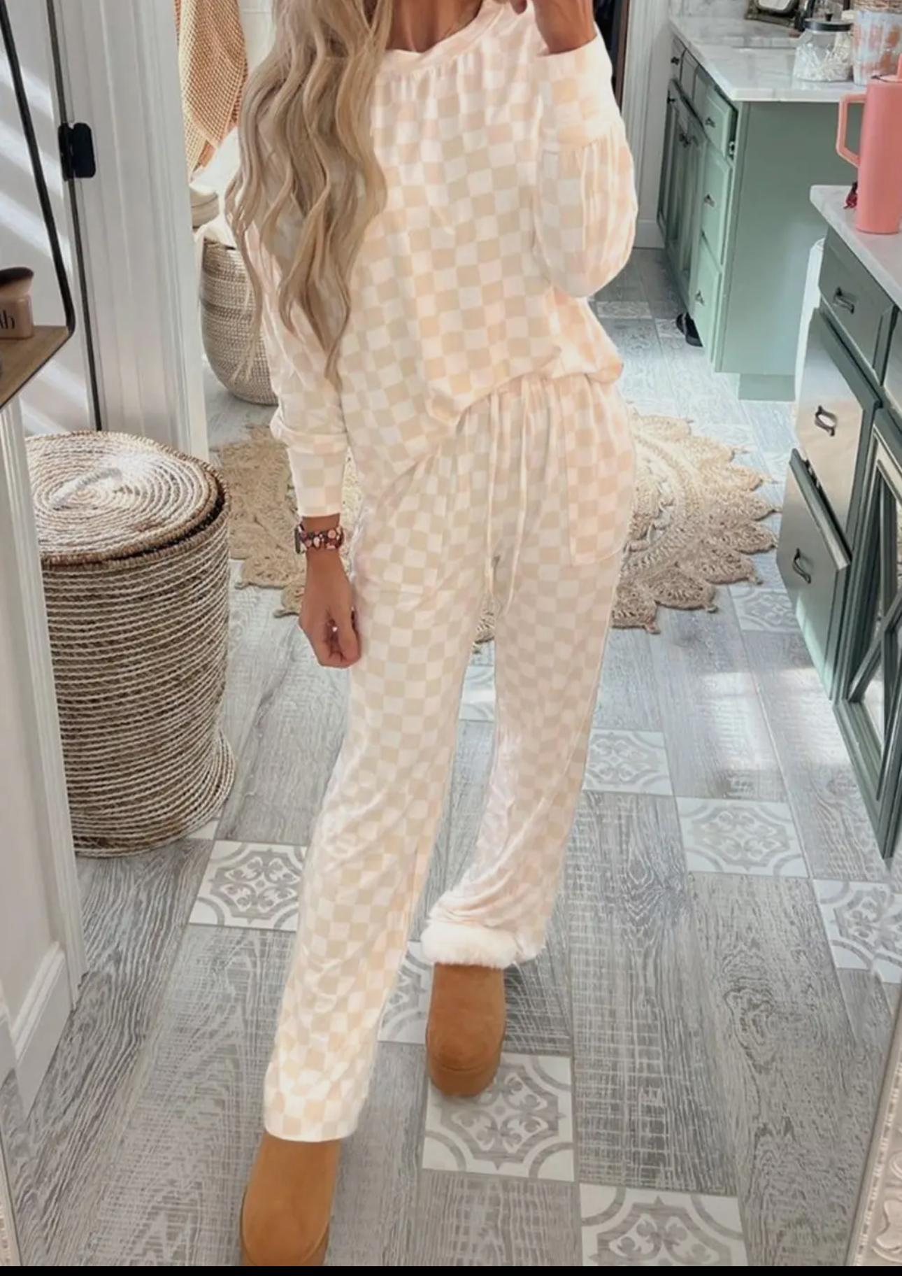 Beige Checkered Print Long Sleeve Top and Pants Lounge Set