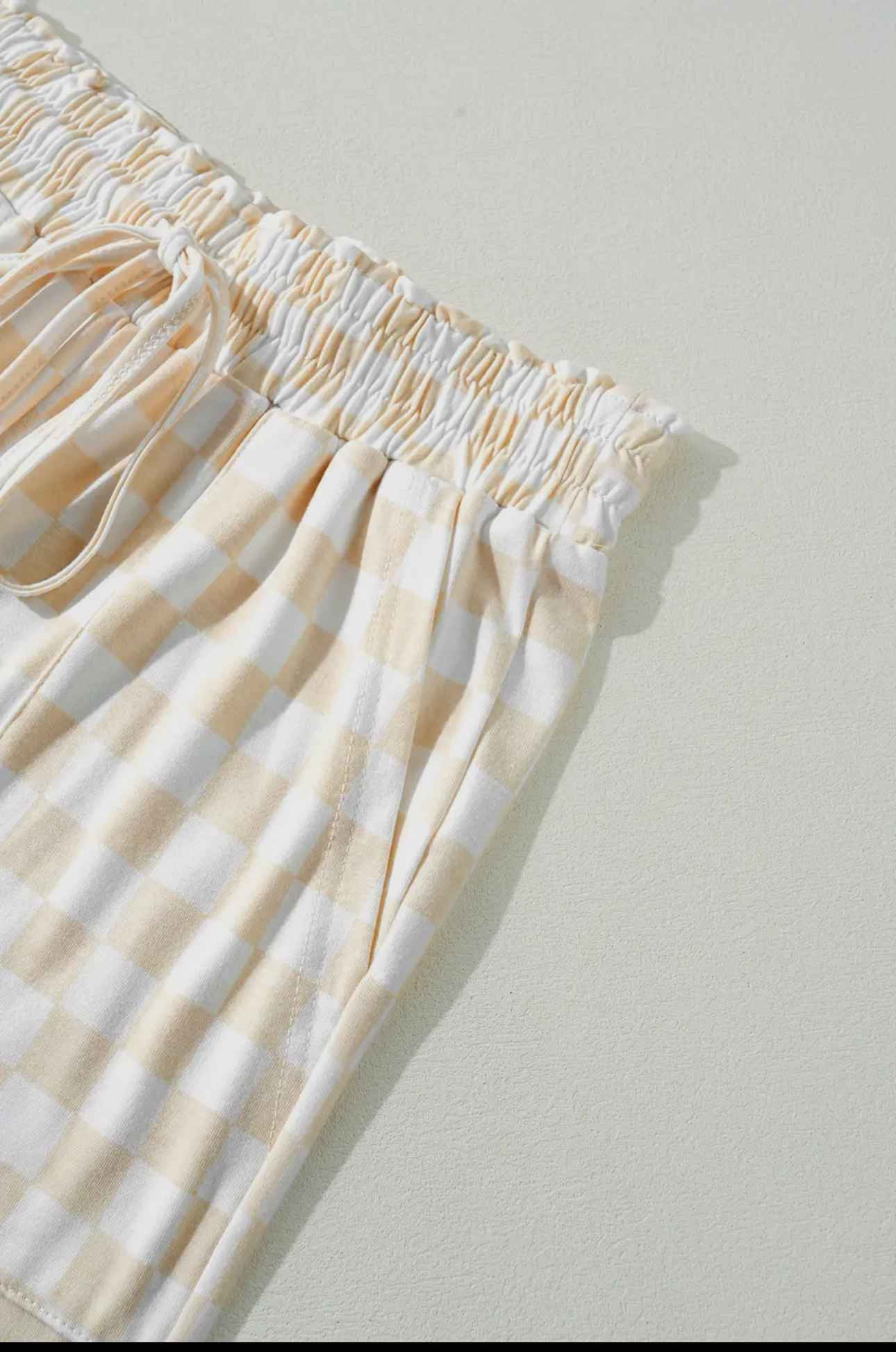 Beige Checkered Print Long Sleeve Top and Pants Lounge Set