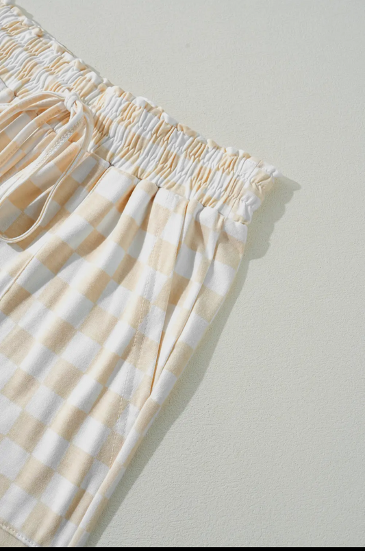 Beige Checkered Print Long Sleeve Top and Pants Lounge Set