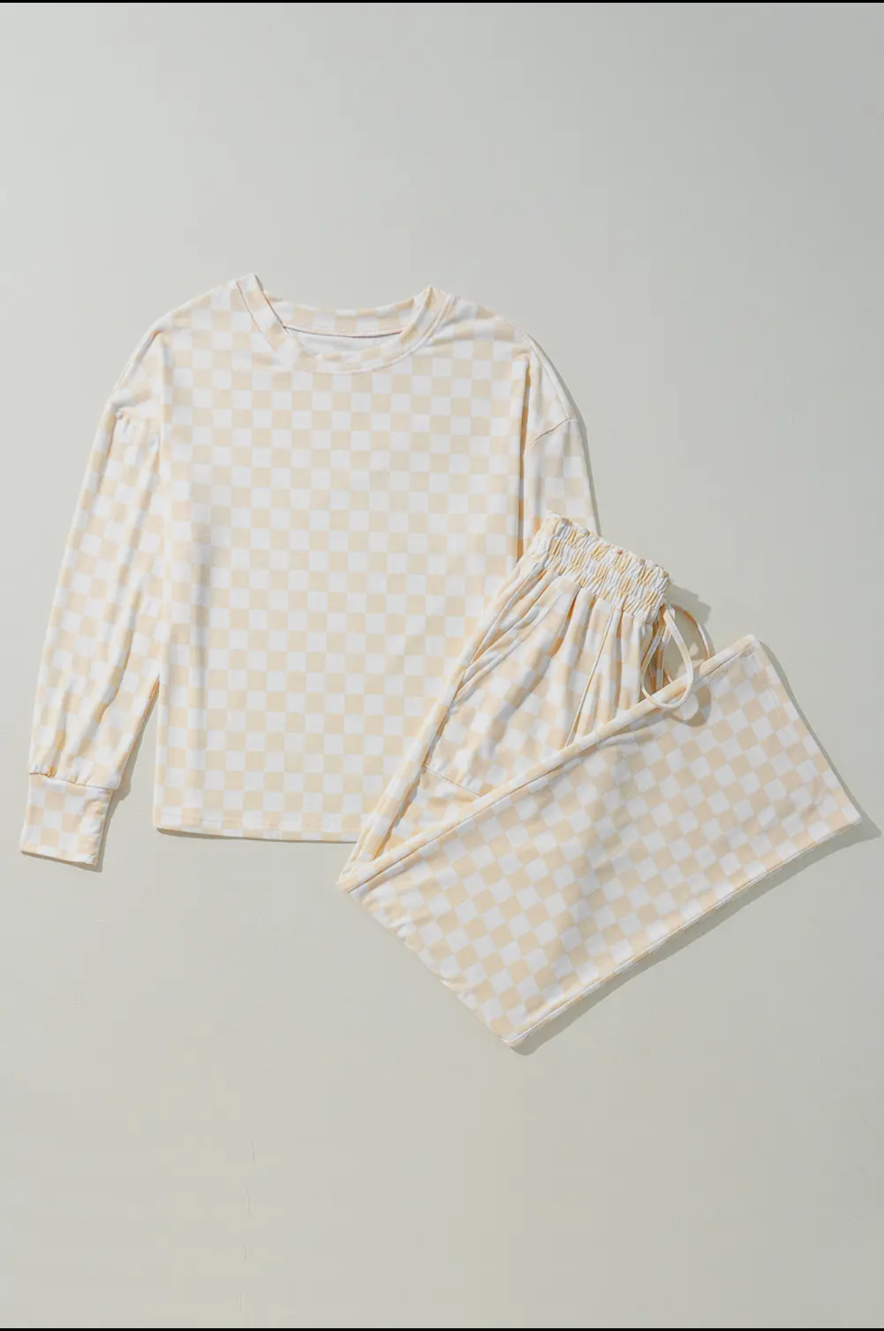 Beige Checkered Print Long Sleeve Top and Pants Lounge Set