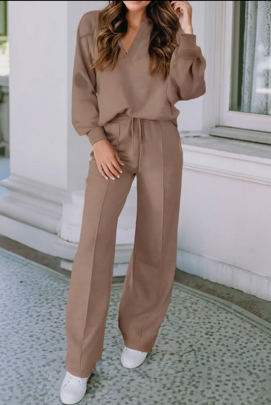 Ldc Collar V Neck Pullover and Drawstring Sweatpants Set