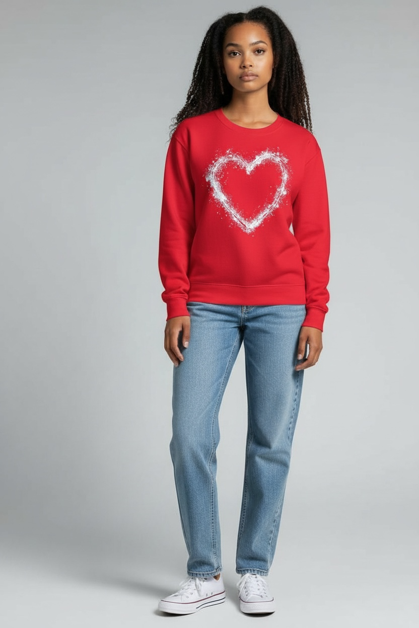 Red Crewneck Sweatshirt with White Heart Splatter