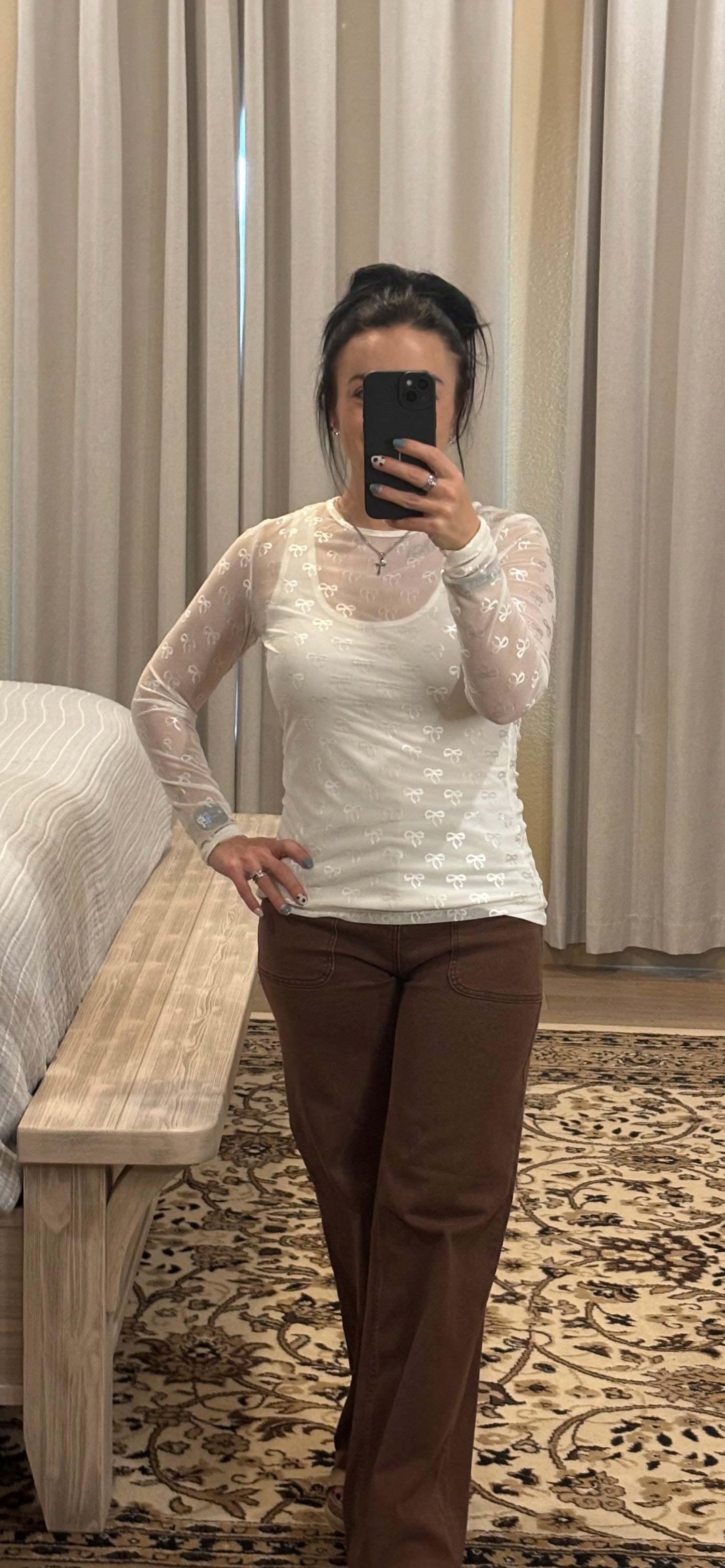 Black Mesh Bow Pattern Long Sleeve Top