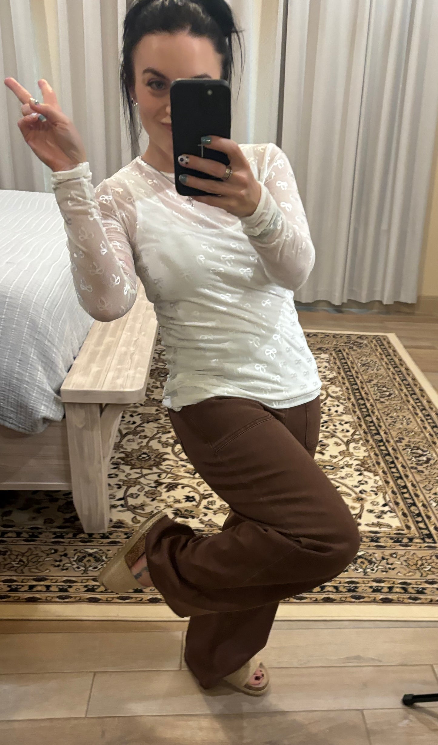 Black Mesh Bow Pattern Long Sleeve Top