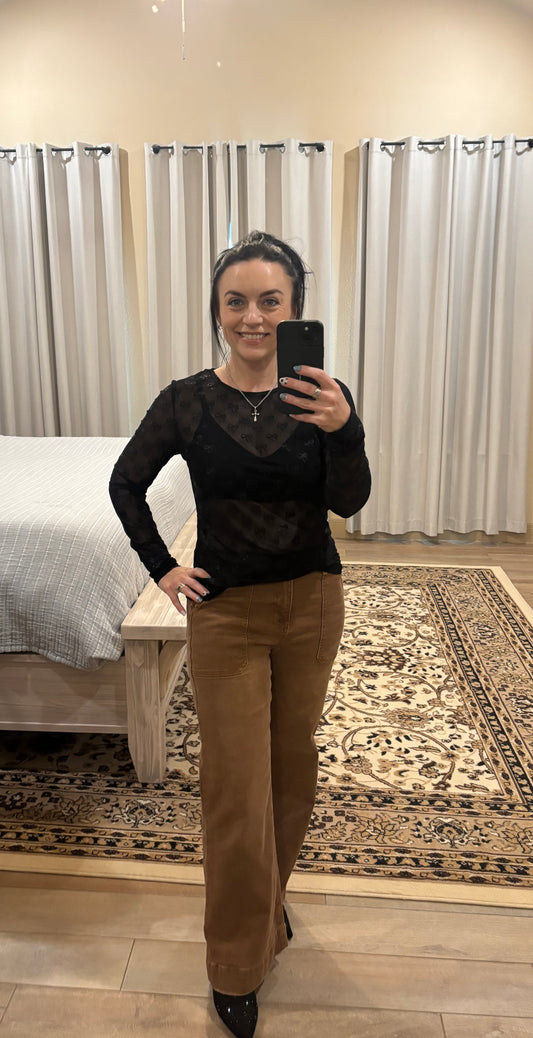 Black Mesh Bow Pattern Long Sleeve Top