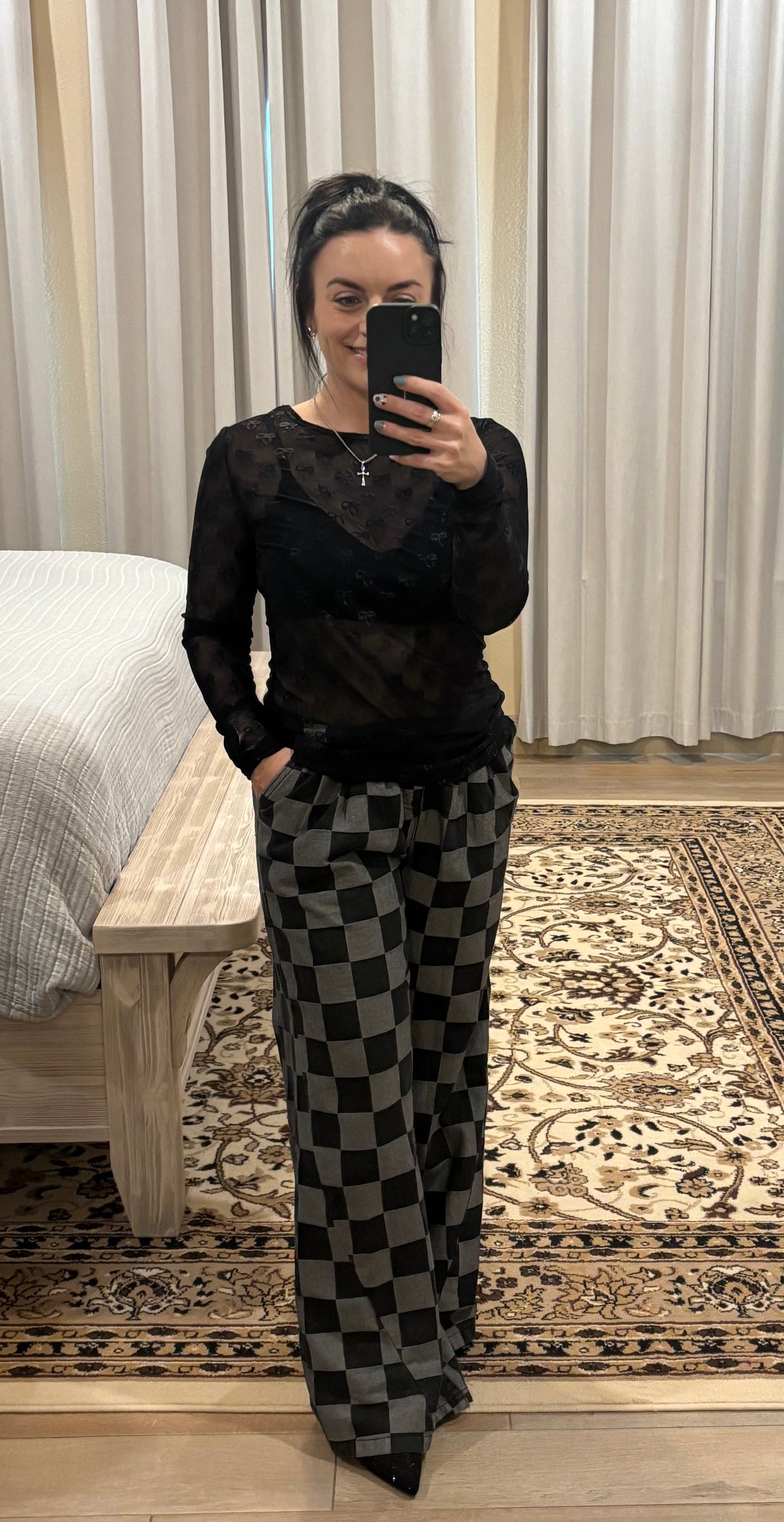 Black Mesh Bow Pattern Long Sleeve Top