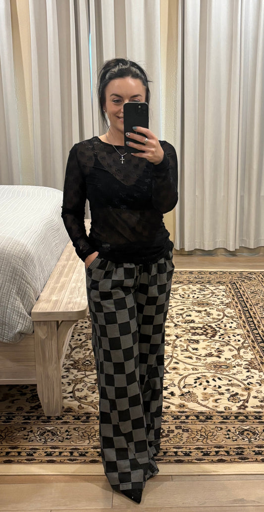 Black Mesh Bow Pattern Long Sleeve Top