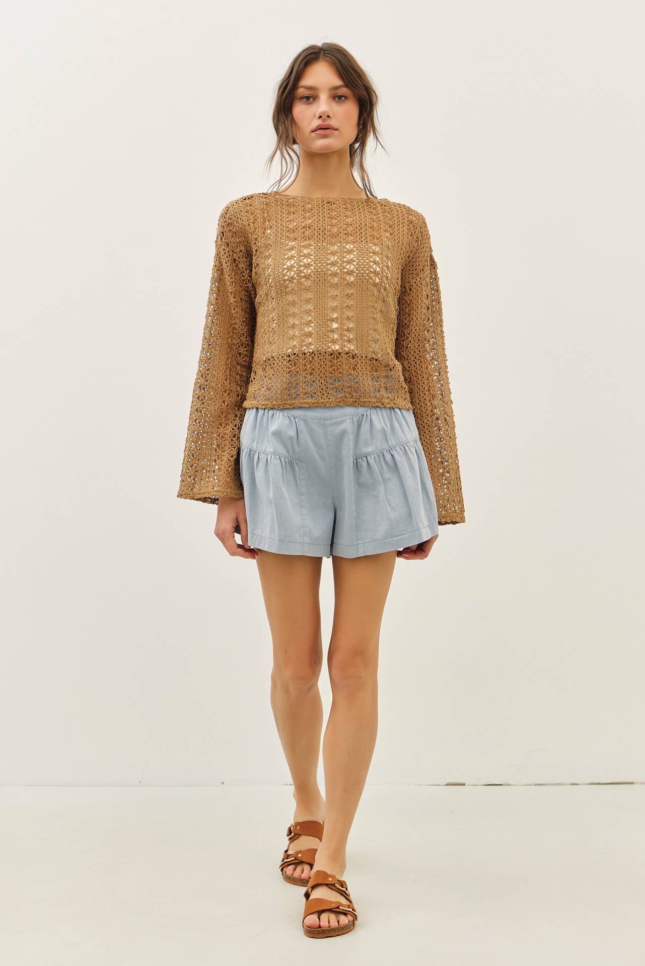 SHEER FLORAL CROCHET TOP WITH BELL SLEEVES