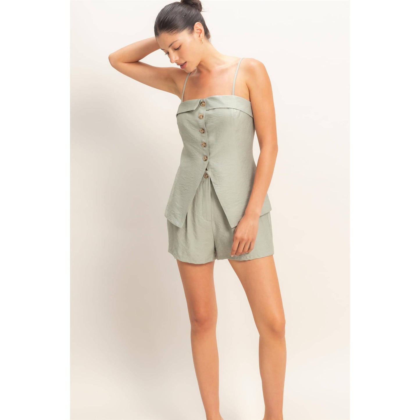 Strap Buttoned Top And Shorts Set