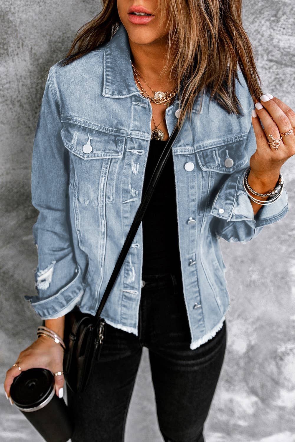 Lapel Distressed Raw Hem Buttons Denim Jacket