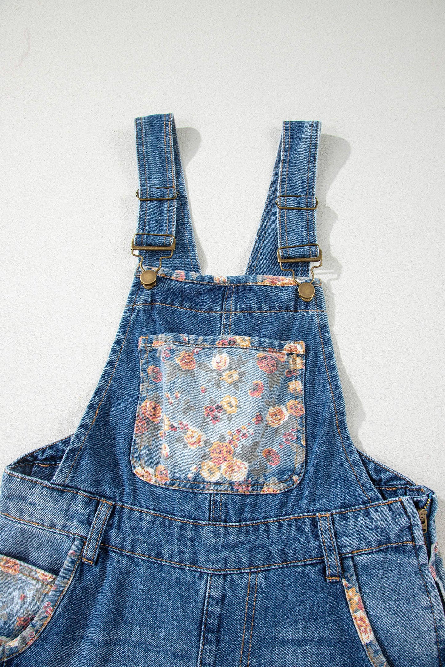 Floral Patchwork Bib Denim Wide Leg Overalls