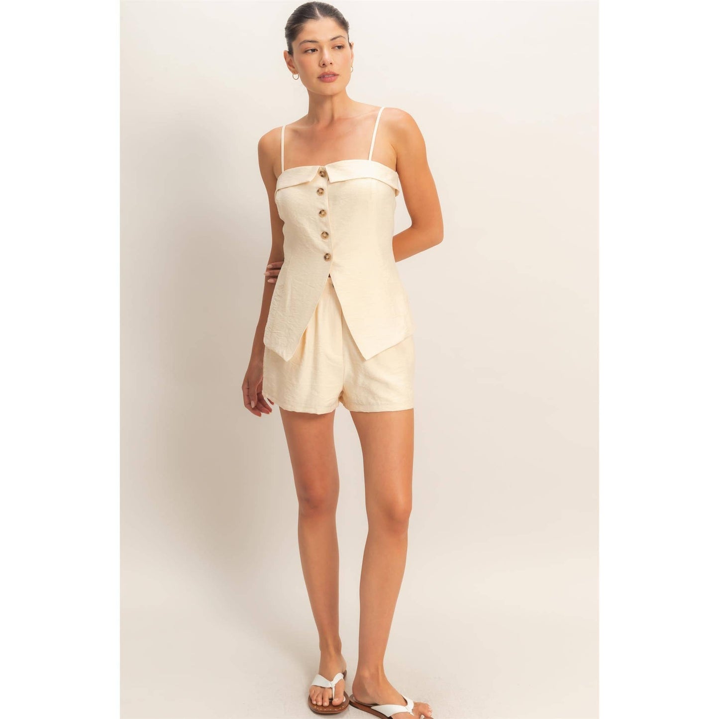 Strap Buttoned Top And Shorts Set