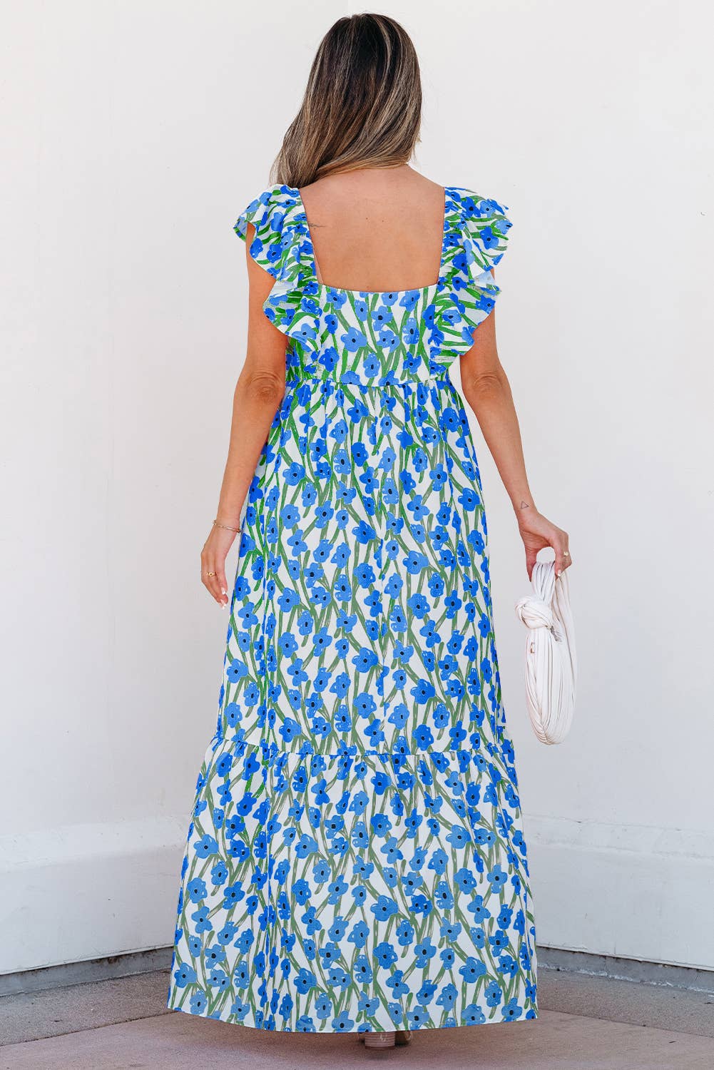 Floral Print Square Neck Ruffled Strap Maxi Dress