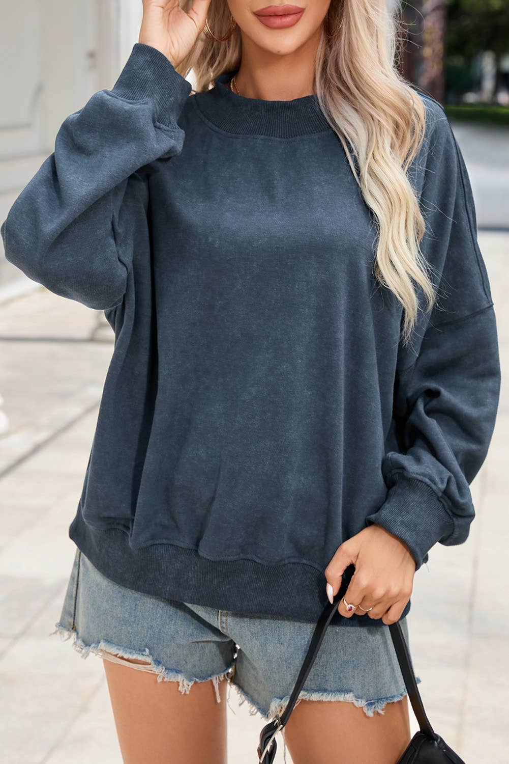 Solid Color Drop Shoulder Crew Neck Pullover Sweatshirt
