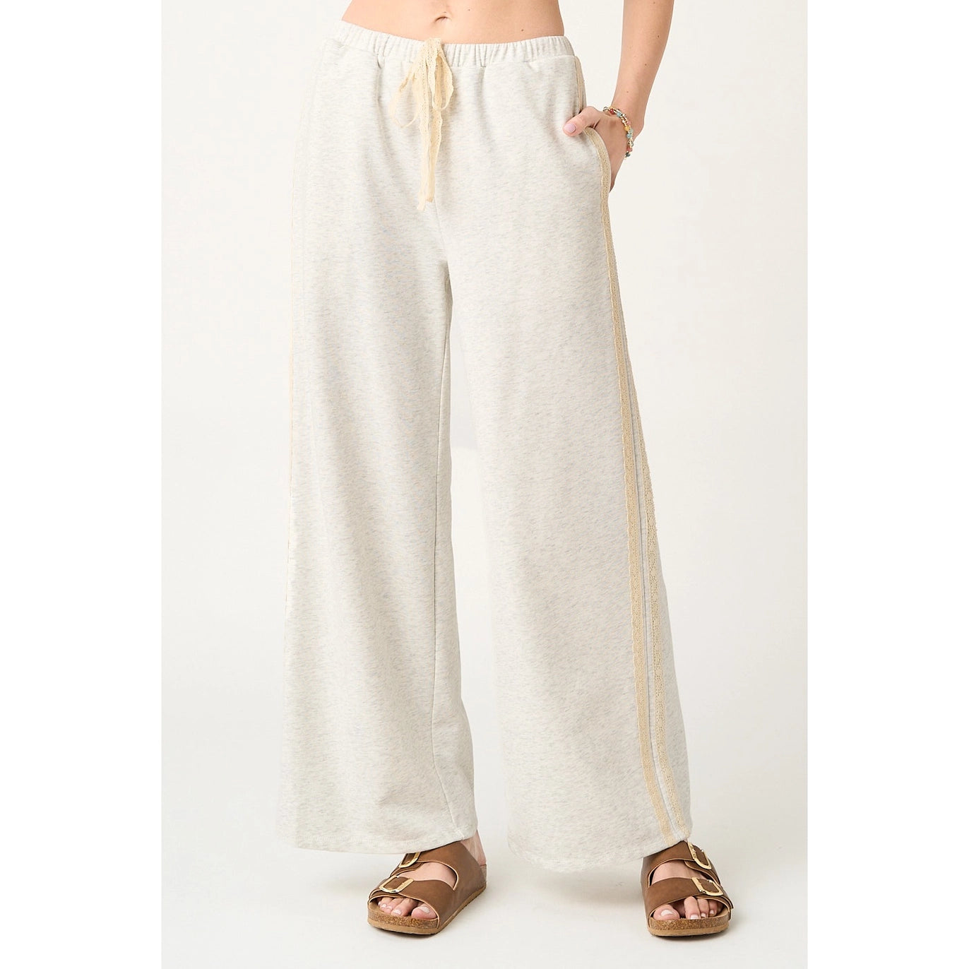 Lace Striped Elastic Waist Pants
