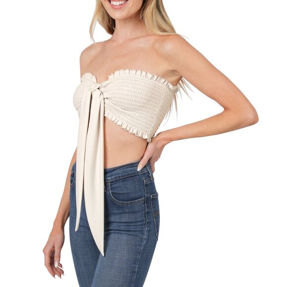 ZENANA Smocked Strapless Tie Front Top